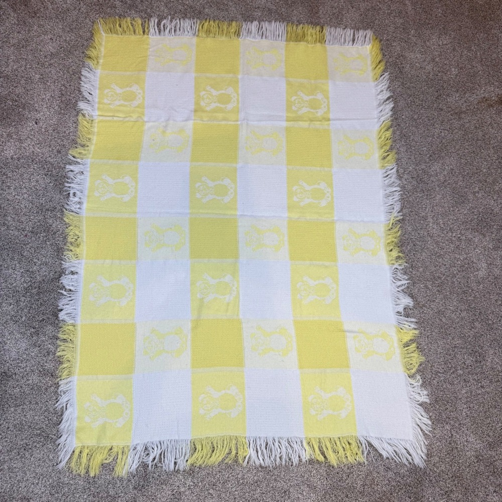 Baby Dress MR Yellow White Teddy Bear Checkered Woven Fringe Baby Blanket Mexico